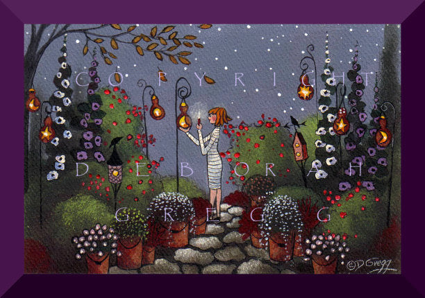 "Gourd Lanterns In the Garden," a tiny Garden Gourd PRINT by Deborah Gregg