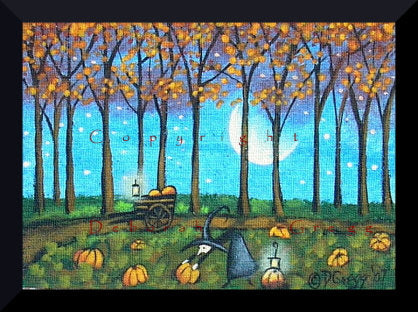 "Helga In Her Precious Pumpkin Patch," an ACEO Halloween Witch Pumpkin Patch Moon Primitive PRINT by Deborah Gregg