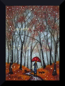 "Under A Red Umbrella," a Tiny ACEO Autumn Fall Leaves Snow PRINT by Deborah Gregg