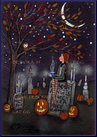 "Visiting With The Ancestors," a tiny Graveyard Candles Owl Halloween Pumpkins PRINT by Deborah Gregg