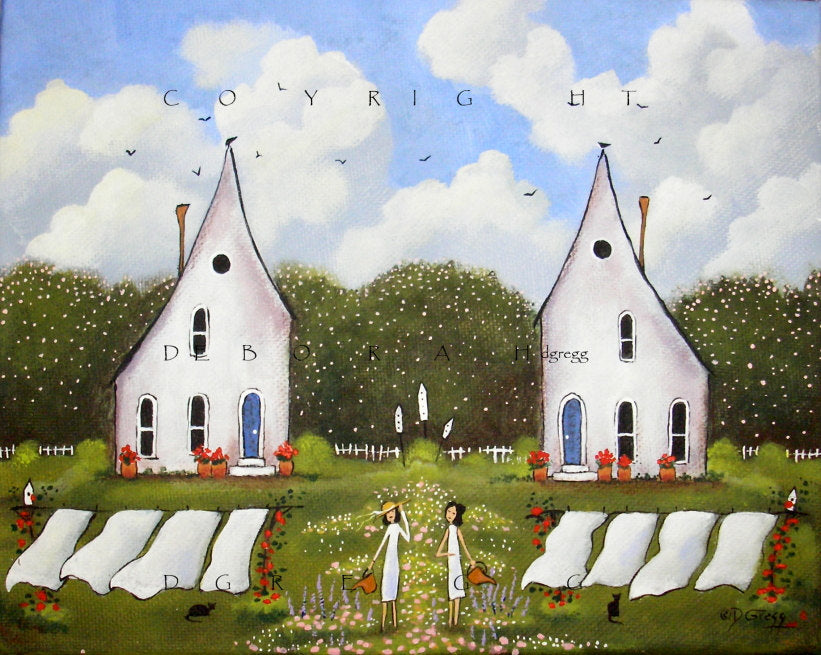 "Sisters In Spring," a Garden Laundry Line Apple Blossom PRINT by Deborah Gregg