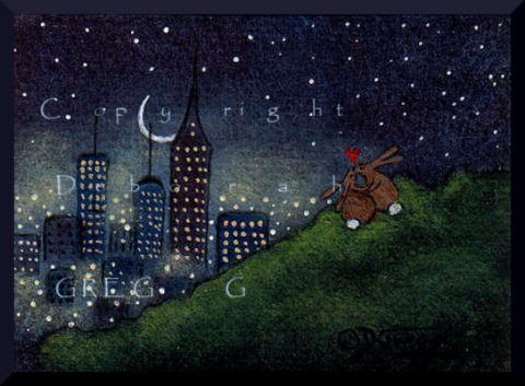 "Lookout Point," a tiny Rabbit Love Valentines Day City Lights PRINT by Deborah Gregg