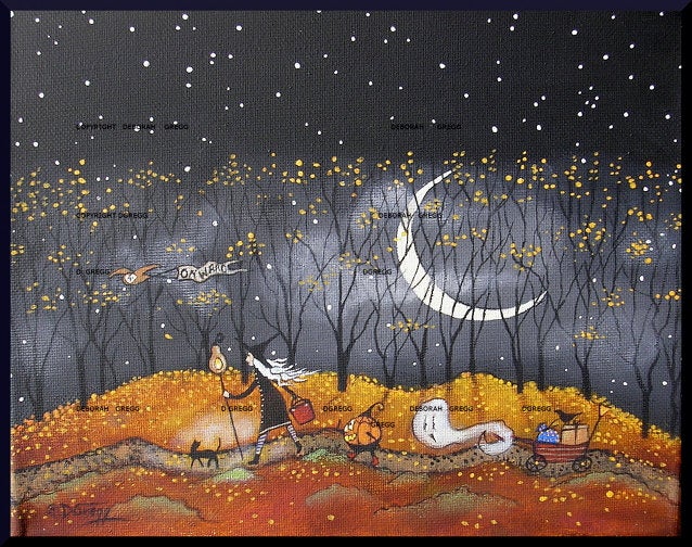 "On the Road Again"  a Halloween Autumn Traveling Witch Friends Print by Deborah Gregg