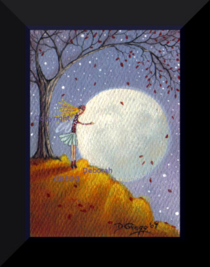 "Blue Corn Moon and Friend," a tiny aceo Autumn Fairy PRINT by Deborah Gregg