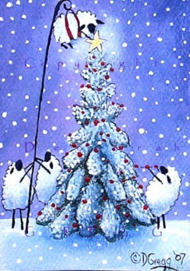 "And Now for the Christmas Star," A Tiny Sheep Christmas Tree aceo PRINT by Deborah Gregg