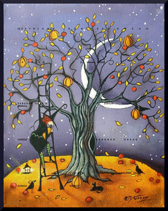 "The Pumpkin Tree," a small Witch Crow Pumpkins Moon Autumn Halloween PRINT by Deborah Gregg