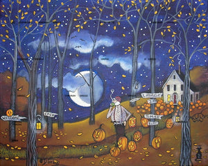 "Pumpkin Man," a Halloween Autumn Night Black Cats Crescent Moon PRINT by Deborah Gregg