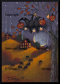 "Fall Decorating," a Tiny Crow Halloween Autumn Pumpkins PRINT by Deborah Gregg