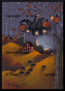 "Fall Decorating," a Tiny Crow Halloween Autumn Pumpkins PRINT by Deborah Gregg