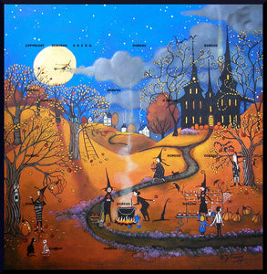 "The Best Caramel Apples In Town," a small Halloween Witches Jack O Lanterns PRINT by Deborah Gregg