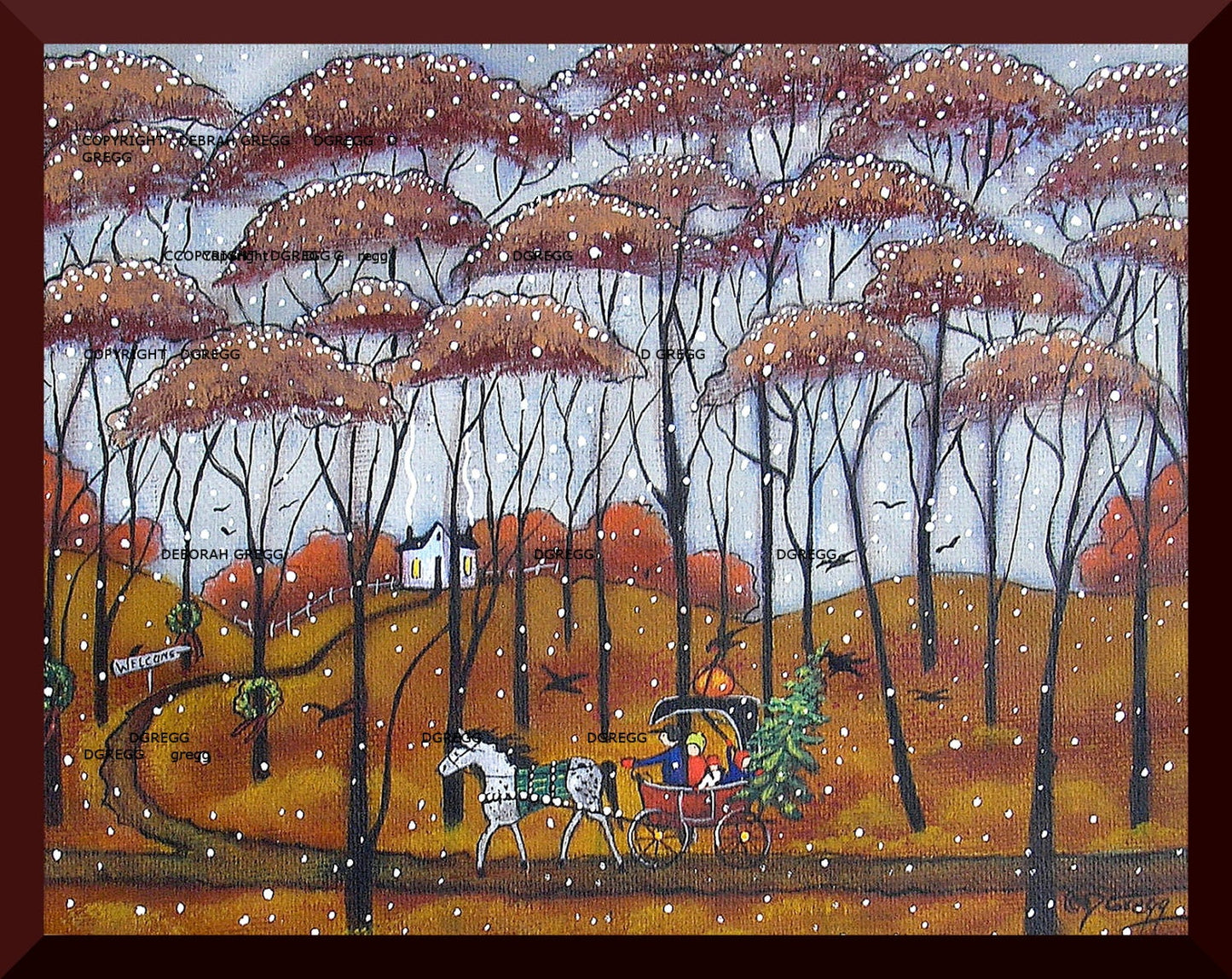 "A Tree For Grandma," a small Country Christmas Snow Horse and Buggy PRINT by Deborah Gregg