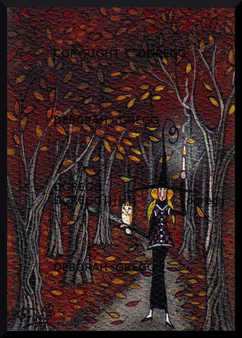 "Halloween Stroll With A Friend," a Tiny Witch Owl Woods PRINT by Deborah Gregg
