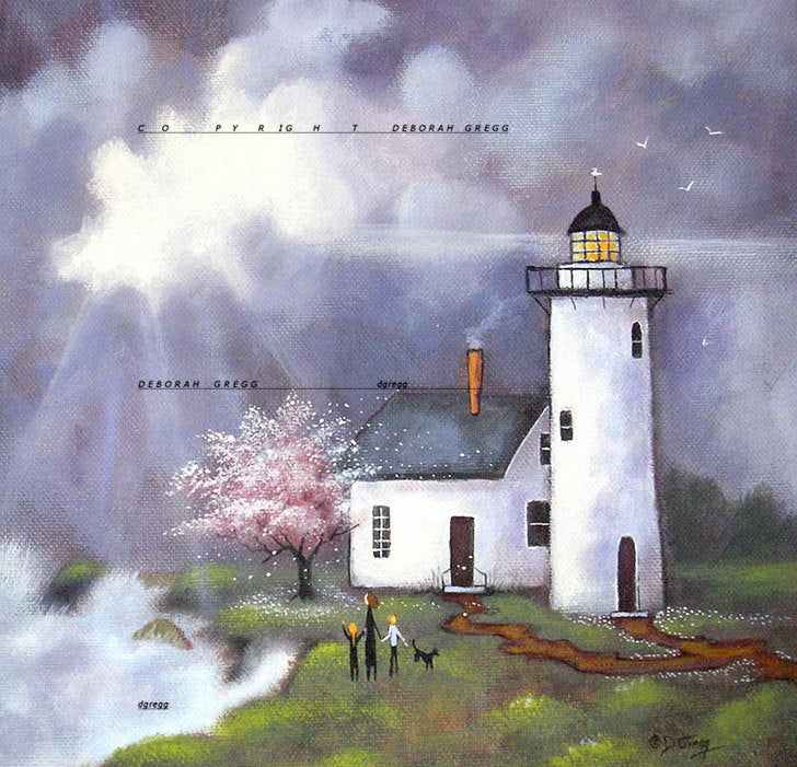"Children Of The Light," a small Spring, Ocean waves, Lighthouse, Family Print by Deborah Gregg