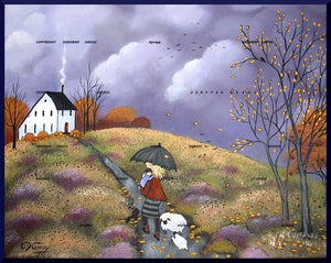 "Babies In The Autumn Rain," a Small Sheep Fall Leaves Saltbox Mother Folk Art PRINT by Deborah Gregg