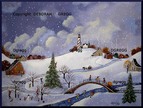 "For All Creatures Both Great and Small," a Small Winter Bridge Lighthouse Country PRINT by Deborah Gregg