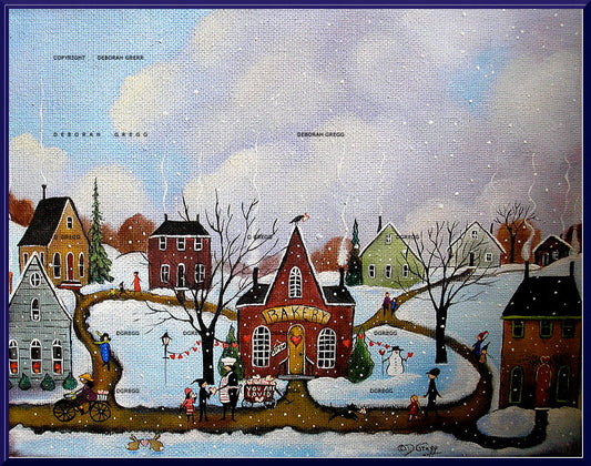 "A Baker's Heart," a Small Love Valentines Bakery Folk Art Village Snow Winter Print by Deborah Gregg