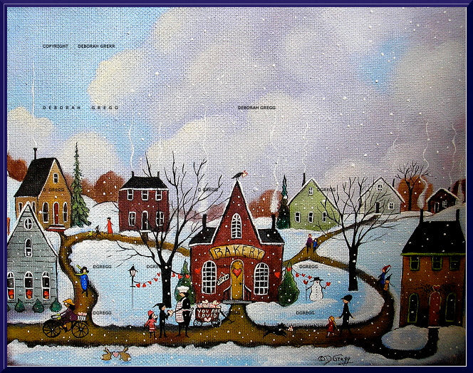 "A Baker's Heart," a Small Love Valentines Bakery Folk Art Village Snow Winter Print by Deborah Gregg