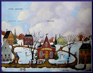 "A Baker's Heart," a Small Love Valentines Bakery Folk Art Village Snow Winter Print by Deborah Gregg