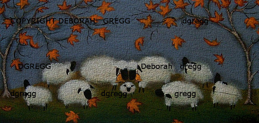 "Leaf Collectors," a small Puffy Sheep Autumn Leaves PRINT by Deborah Gregg