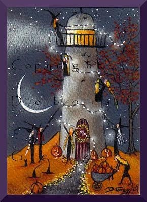"Definitely Needs Some Work," a tiny Lighthouse Witches Decorate For Halloween PRINT by Deborah Gregg