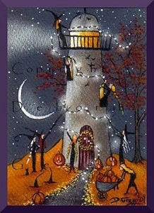 "Definitely Needs Some Work," a tiny Lighthouse Witches Decorate For Halloween PRINT by Deborah Gregg