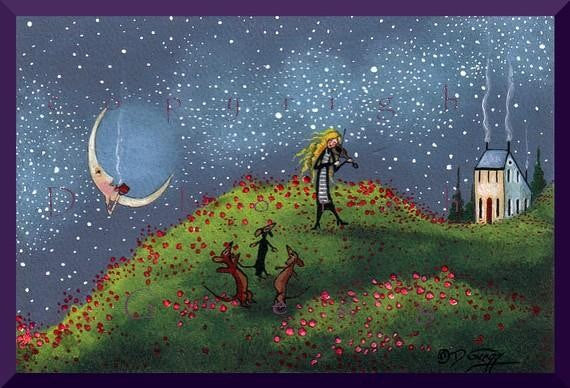 "A Hill Top Song For Spring," a Small Dachshund Violin Poppies Saltbox PRINT by Deborah Gregg