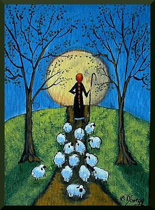 "Road Block," a Tiny Sheep Full Moon Shepherdess PRINT by Deborah Gregg