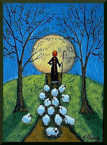 "Road Block," a Tiny Sheep Full Moon Shepherdess PRINT by Deborah Gregg