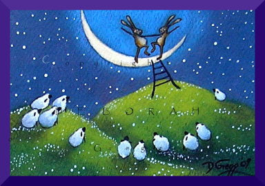 "March Hares Dance on the Crescent Moon," a tiny springtime rabbits moon dancing aceo PRINT by Deborah Gregg