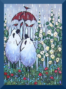 "A Conversation In The Rain," an ACEO Sheep Flower Garden Red Umbrella PRINT by Deborah Gregg