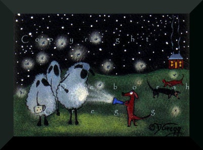 "Um...I Think I Found Something..."  A Tiny aceo Dachshund Art Sheep Fireflies Summer Folk Art Starry Night PRINT by Deborah Gregg