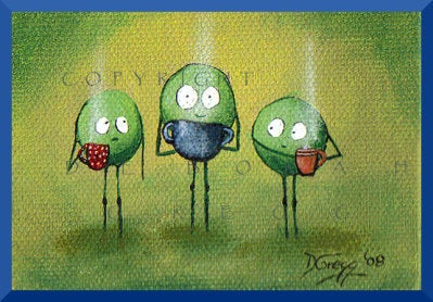 "Spring Peas And Morning Coffee," a Tiny Friends Having Coffee PRINT by Deborah Gregg