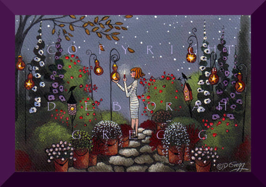 "Gourd Lanterns In the Garden," a tiny Garden Gourd PRINT by Deborah Gregg