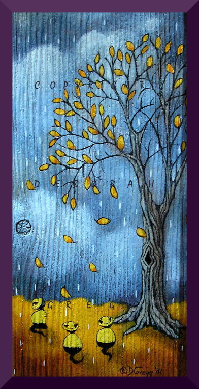 "Rain Coats Make It Happen," a Small Cat PRINT by Deborah Gregg