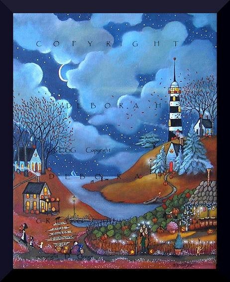 "Pumpkin Cove," a Small Autumn Halloween Lighthouse PRINT By Deborah Gregg