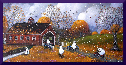 "One Last Bike Ride Before The Snows Fall," a Small Sheep Autumn Covered Bridge PRINT by Deborah Gregg