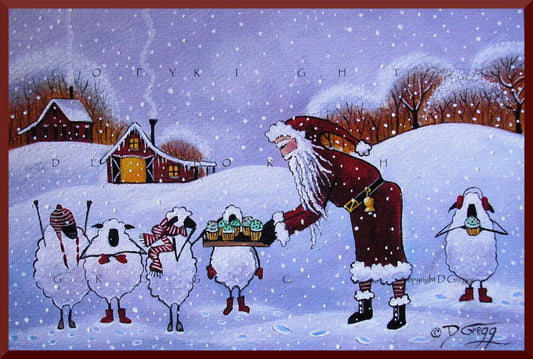 "Santa Bakes Cupcakes," a Small Sheep Santa Cupcake Christmas PRINT by Deborah Gregg