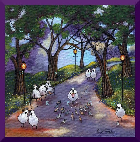 "Hand Over The Popcorn If You Want To Live," a Small Sheep Pigeons City Park PRINT by Deborah Gregg