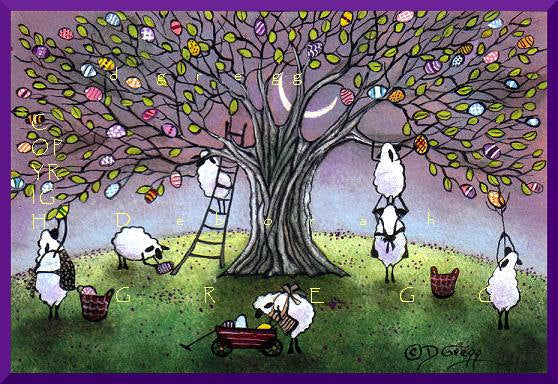 "Early Morning Easter Egg Harvest," a Small Sheep Easter Egg Tree Moon PRINT by Deborah Gregg
