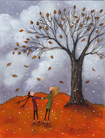"Sisters," a Fall Leaves Autumn Oak Tree Snow Small PRINT by Deborah Gregg