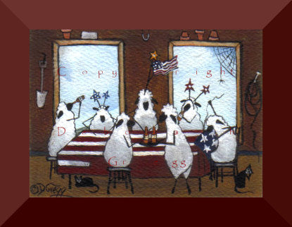 "A Patriotic Contribution," a TIny Sheep American Flag Barn Seamstress PRINT by Deborah Gregg