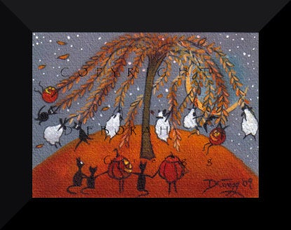 "Halloween Happiness," a tiny sheep Black Cat Jack O Lantern Willow Tree PRINT by Deborah Gregg