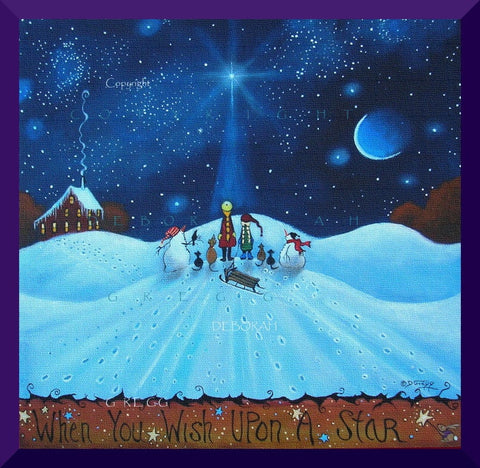 "When You Wish Upon A Star," a Winter Snowhill Sledding Crow Cat Dog PRINT by Deborah Gregg