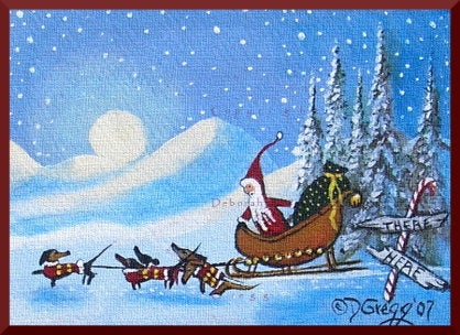 "A Difference Of Opinion," a tiny Dachshund Santa's Sleigh Christmas Holiday Print by Deborah Gregg
