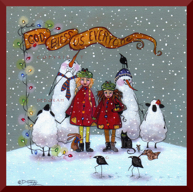 "God Bless Us Everyone," a Small Sheep Crow Cat Rabbit Christmas Print by Deborah Gregg