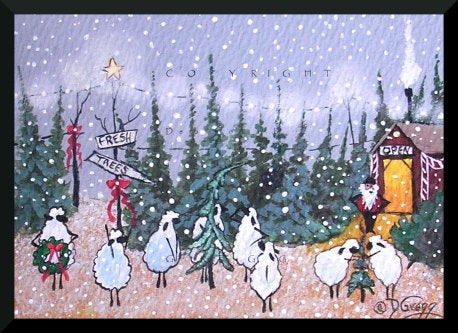 "Through The Eyes Of Love," a Tiny Sheep Christmas Tree Lot Snow PRINT by Deborah Gregg