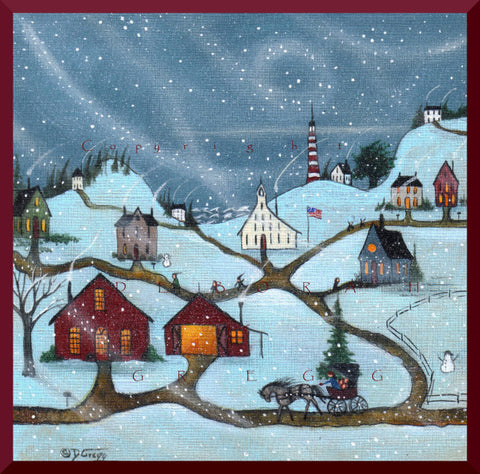 "Snow Day," a Small School House Snow Storm Lighthouse Coastal Village PRINT by Deborah Gregg