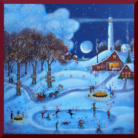 "Love Is All Around You," a Small Love Valentine Winter Snow Country Lighthouse PRINT by Deborah Gregg