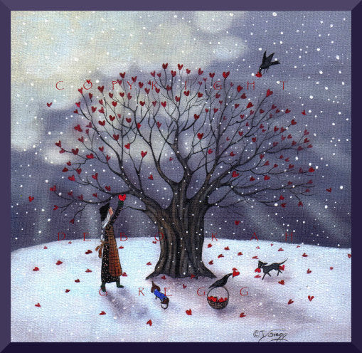 "Love is in Abundance," a small Hearts Valentine Dachshund Cat Crow Print by Deborah Gregg