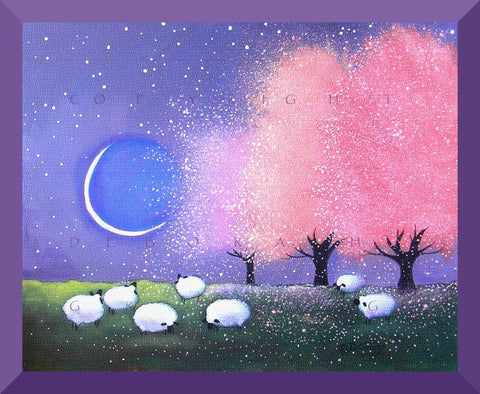 "Spring Glow", a Sheep Apple Blossoms Crescent Moon Meadow PRINT by Deborah Gregg